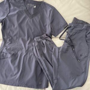 White Cross Fit Charcoal Scrub Set with V-Neck Top and Drawstring Pants